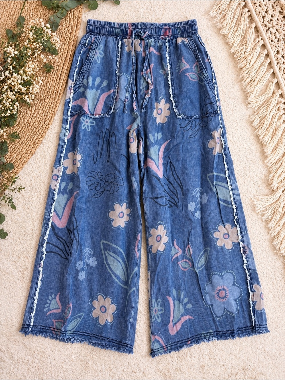 New Easel Floral Print Washed Chambray Wide Leg Pants Small
